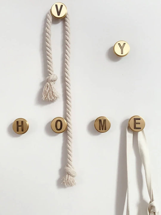 Solid Brass Letter Wall Hooks – Gold Bag, Cloth, and Cap Hanger for Home Decor and Cabinet Handles