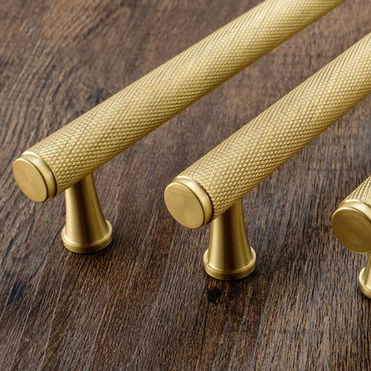 Gold Knurled Brass Kitchen Cabinet Handles – T-Bar Drawer Pulls and Copper Knobs (14mm Diameter)