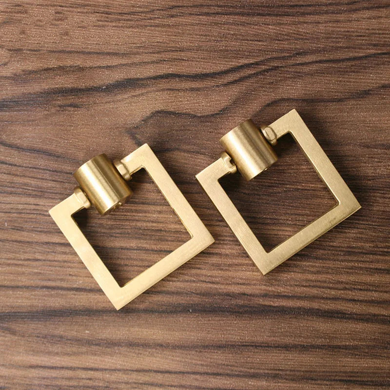 2pcs Brass Cabinet Door Handles – Single Hole Square Cupboard Pull Rings