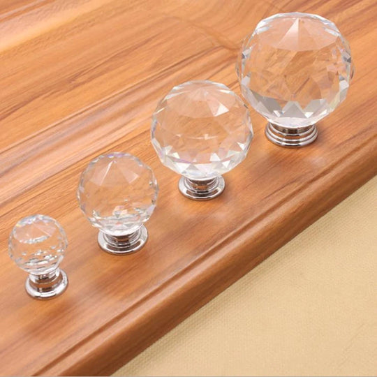 Round Cut Crystal Ball Knobs – Polished Chrome Cabinet Handles in 30mm, 40mm, 50mm (Clear, Pink, Blue, Green, Amber)