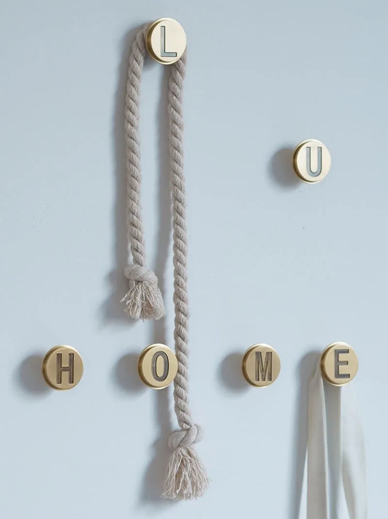 Solid Brass Letter Wall Hooks – Gold Bag, Cloth, and Cap Hanger for Home Decor and Cabinet Handles