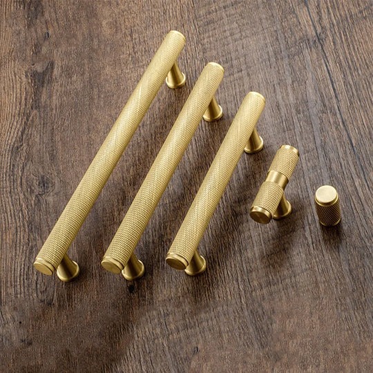 Gold Knurled Brass Kitchen Cabinet Handles – T-Bar Drawer Pulls and Copper Knobs (14mm Diameter)