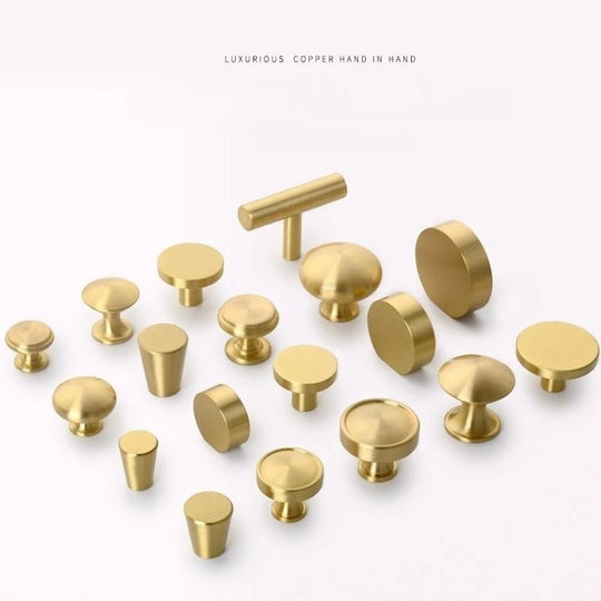 Modern Pure Brass Cabinet Handles - Single Hole Brushed Gold Drawer Knobs for Kitchen and Wardrobes