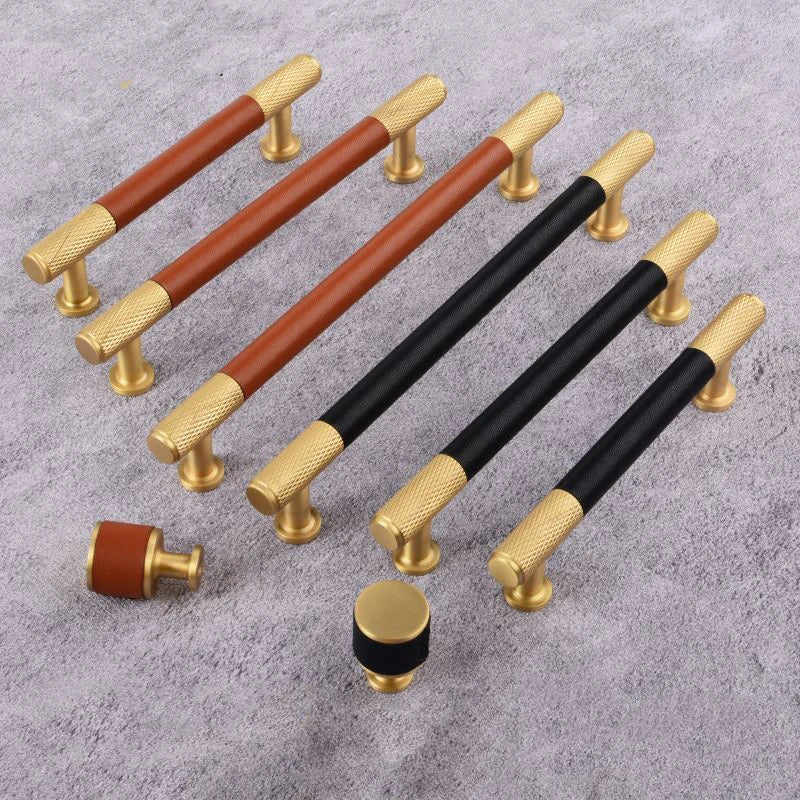 Brown/Black Leather Handles – Brass Knurled Cabinet Bar Handles and Furniture Knobs