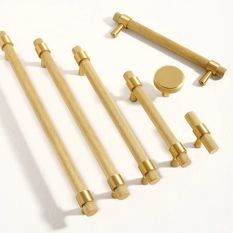 Solid Brass Knurled Furniture Handles – Textured Cabinet Knobs and Wardrobe Pull Bars