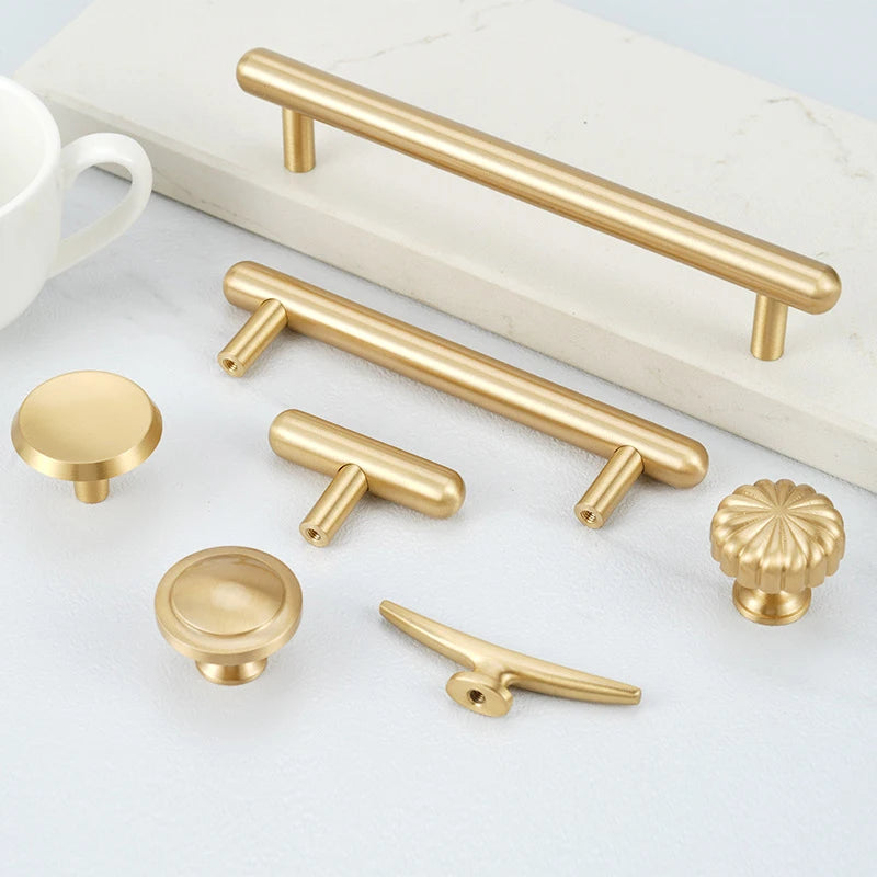 Satin Gold Brass Wardrobe Handles – Modern Drawer Knobs and Cabinet Bar Pulls (50mm-260mm)