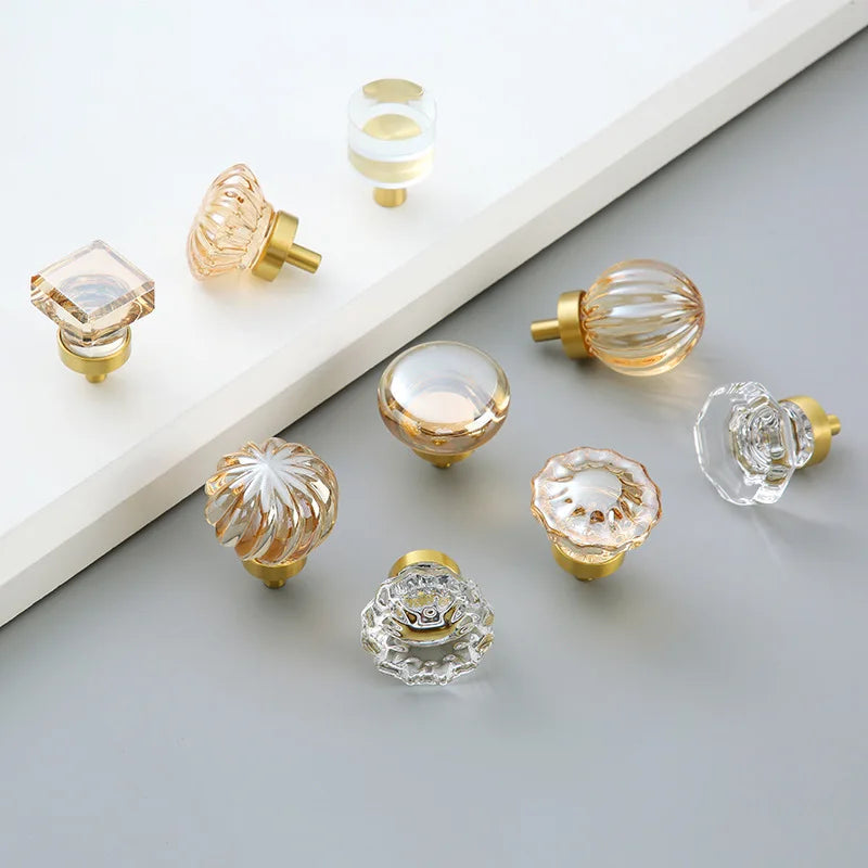 Brass Crystal Cupboard Cabinet Handle Kitchen Drawer Knobs Light Luxury Furniture Hardware Transparent Handle Home Decoration