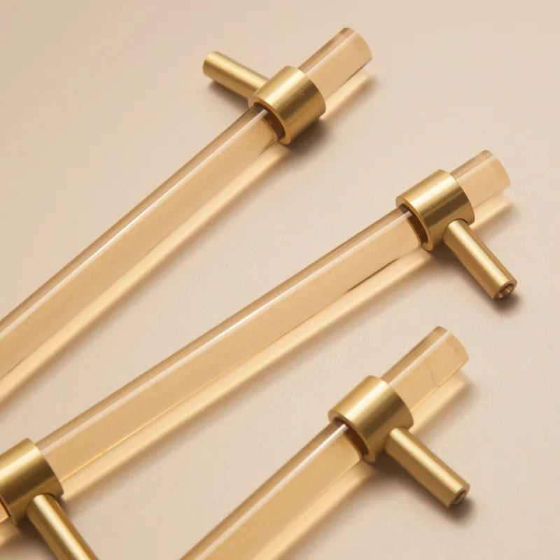 Champagne Acrylic and Brass Cupboard Handles – T-Bar Drawer Pulls for Bedroom and Bathroom