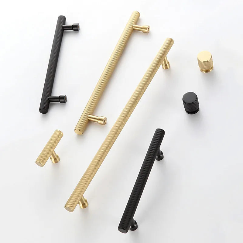 Gold and Black Brass T-Bar Handles – Straight Line Cabinet Pulls and Wardrobe Knobs