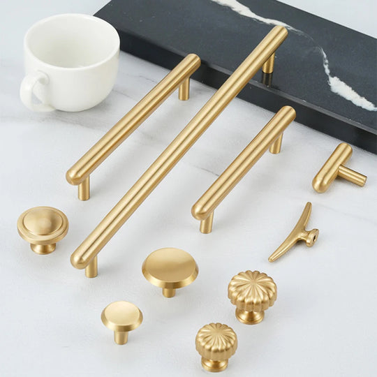 Satin Gold Brass Wardrobe Handles – Modern Drawer Knobs and Cabinet Bar Pulls (50mm-260mm)