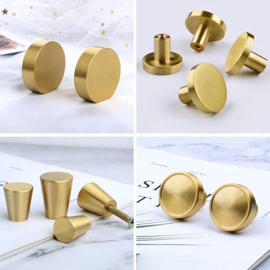 Modern Pure Brass Cabinet Handles - Single Hole Brushed Gold Drawer Knobs for Kitchen and Wardrobes