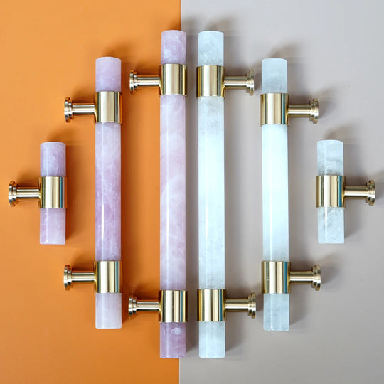 Natural Marble and Crystal T-Bar Cabinet Handles – Modern Brass Knobs for Kitchen, Dresser, and Furniture Pulls