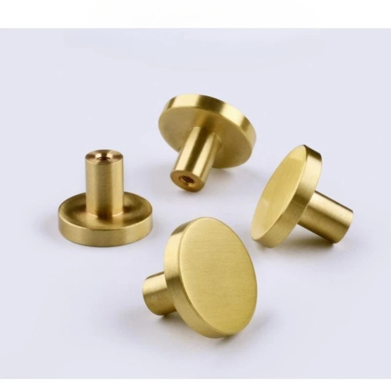 Modern Pure Brass Cabinet Handles - Single Hole Brushed Gold Drawer Knobs for Kitchen and Wardrobes