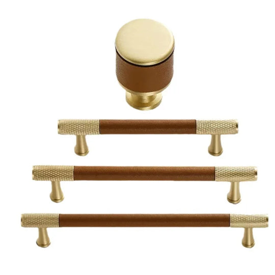 Brown/Black Leather Handles – Brass Knurled Cabinet Bar Handles and Furniture Knobs