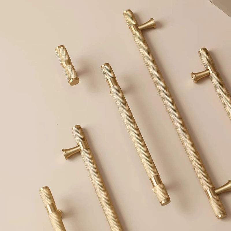 Gold Knurled Brass Handles – Textured Kitchen Cabinet Pulls and Wardrobe Knobs (50-500mm)