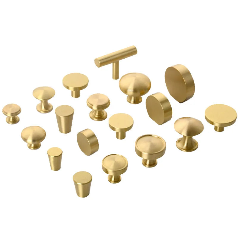 Modern Pure Brass Cabinet Handles - Single Hole Brushed Gold Drawer Knobs for Kitchen and Wardrobes