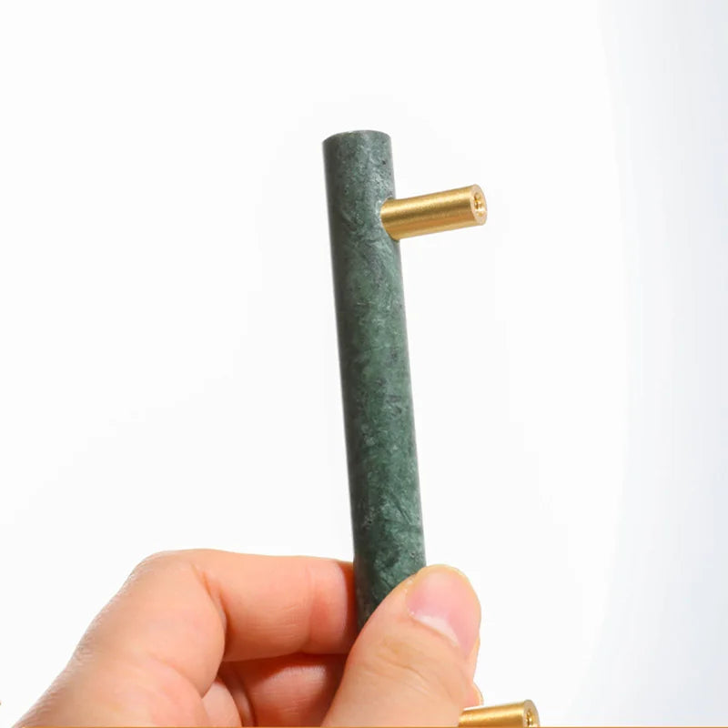 Green and White Marble Cabinet Handle – Luxury Natural Stone Drawer Pulls with Brass Base (50mm-200mm)