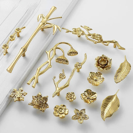 Luxury Brass Flower and Leaf Cabinet Handles – Chinese-Style Decorative Pulls for Wardrobes and Drawers