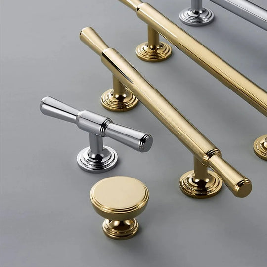 Chrome and Polished Gold Brass Furniture Handles – Modern Cabinet, Drawer, and Wardrobe Knobs