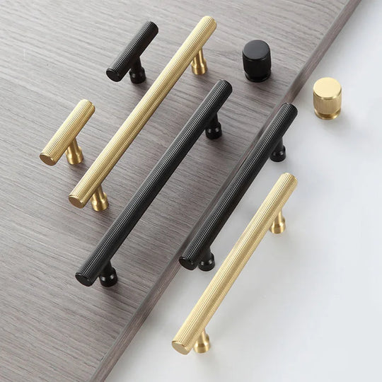 Gold and Black Brass T-Bar Handles – Straight Line Cabinet Pulls and Wardrobe Knobs