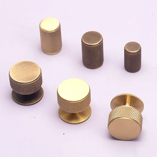 Gold and Bronze Knurled Brass Knobs – Modern Single-Hole Cabinet and Drawer Pulls