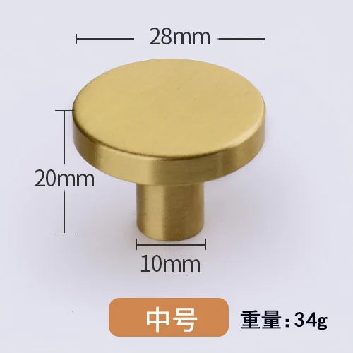 Modern Pure Brass Cabinet Handles - Single Hole Brushed Gold Drawer Knobs for Kitchen and Wardrobes