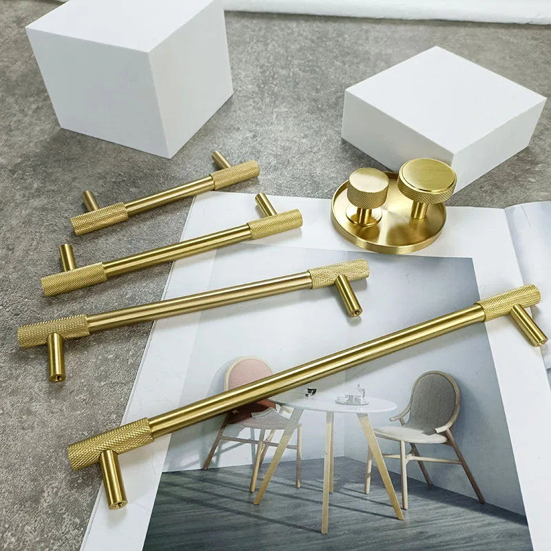 Solid Brass Knurled Cabinet Handles – Satin Gold Long Wardrobe Bar Pulls and Drawer T-Bars