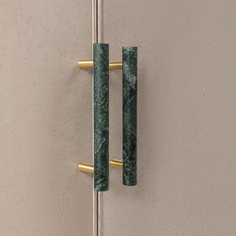 Green and White Marble Cabinet Handle – Luxury Natural Stone Drawer Pulls with Brass Base (50mm-200mm)